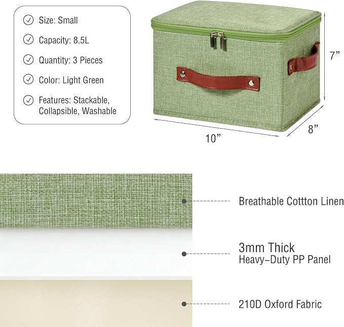 3PCS Storage Bins Boxes with Zippered Lid Decorative Baskets | Cotton Linen Fabric, Washable, Foldable, Stackable, Closet Shelf Organizer, with PU Leather Handles, Light Green-Small