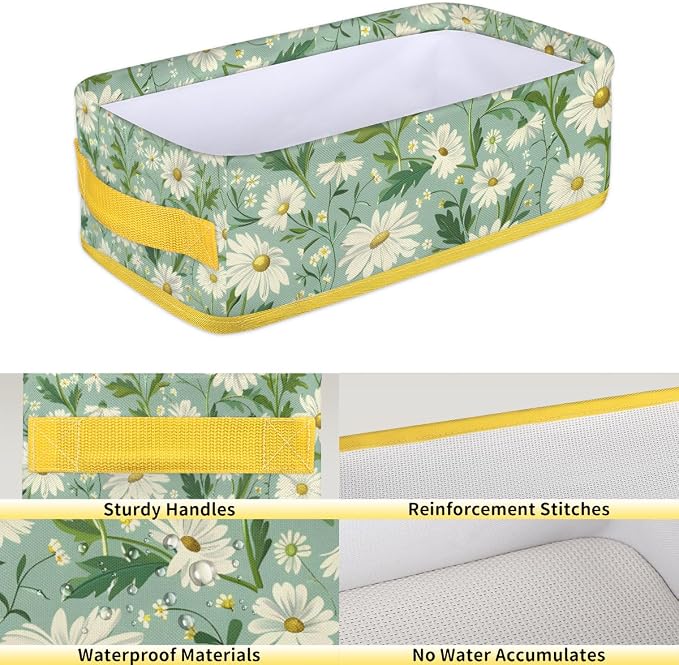 Daisy Green White Flowers Bathroom Storage Basket, Foldable with Handle Open Countertop Paper Towel Decorative Box, Toilet Tank Top Shelf Baskets for Home Closet Bedroom Living Room Office