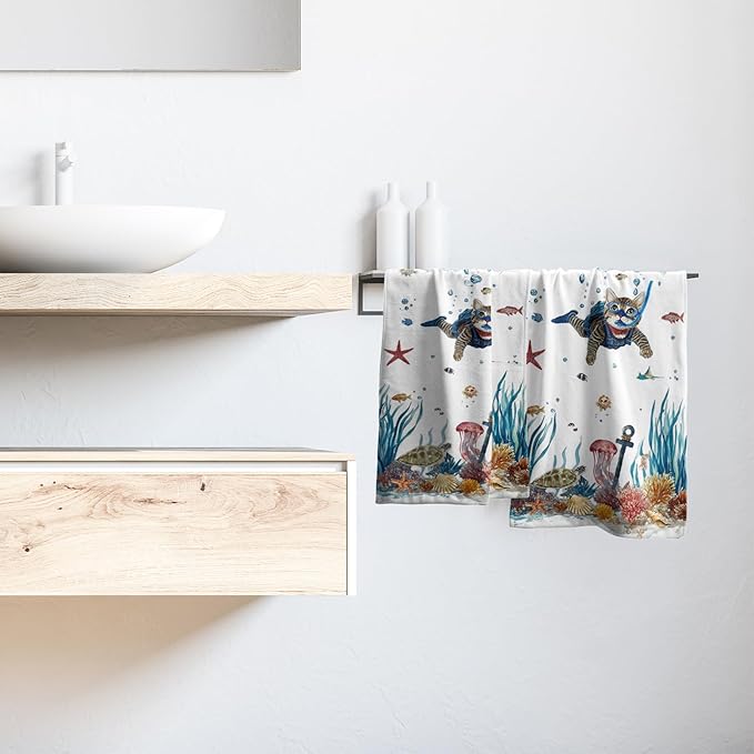 Giwawa Funny Cat Hand Towel Set of 2 Summer Nautical Ocean Blue Sea Towel Underwater Swimming Kitten Decorative Face Fingertip Towel Dish Wash Cloth for Bathroom Hotel Gym Home Spa