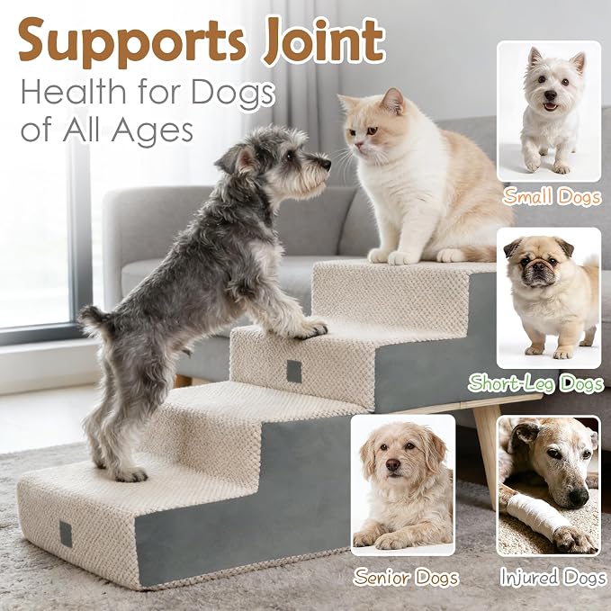4-Step Ottoman Dog Stairs,2-in-1 Foldable Dog Ramp for Bed | for Small Dogs and Cats, High-Density Foam & Wood Support, Side Storage Pocket, Foldable, 170 lbs, Machine Washable, Grey
