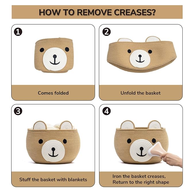 CherryNow Large Baby Basket for Gifts Empty, Cute Bear Design, Brown | 15.7" x 10.5" Baby Shower Basket for Kids Boys Newborn Storage, Woven Rope Toy Basket, Fits Living Room Nursery Décor