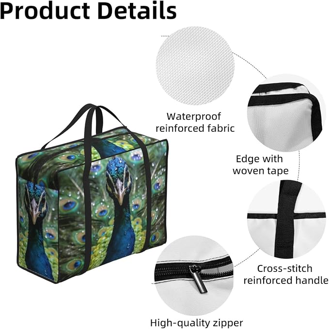 Large Capacity Packing Tote, Peacock With Open Tail Green, Waterproof Moving Bag with Zippered Closure for Bedding, Blanket and Seasonal Storage