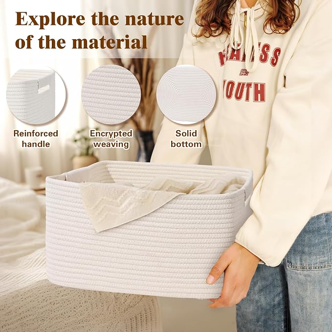 4 Pack Large Storage Basket for Organizing, 17.5"x13"x7" Woven Basket for Shelves, Closet Cube Storage Bins with Wrapped Handle, Cotton Rope Baskets for Kitchen, Clothes, Toys(Off White)