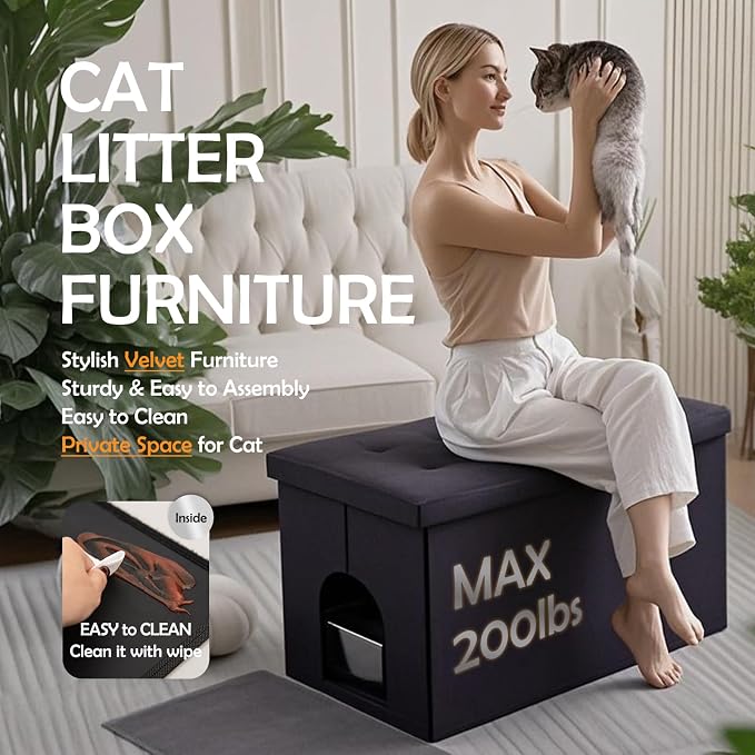 MEEXPAWS Cat Litter Box Enclosure Furniture XXL Velvet Lift Design Lid | Extra Large Hidden Cat Washroom Bench Ottoman, Storage Cabinet Dog Proof, Urine Proof, Easy Clean, Quick Assembly, Black