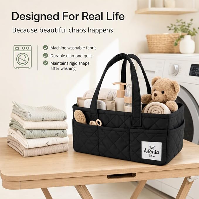 Adonia & Co Diaper Caddy Organizer – Baby Essentials Organizer, Large Nursery Storage Basket with Removable Divider, 8 Exterior Pockets, Portable, Machine Washable, Structured Design, Black