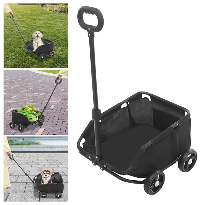 Mini Dog Strollers, 4 Wheel Foldable Dog Stroller, Portable Pet Carrier Dog Cart w/Side Storage Pocket Adjustable & 360° Rotatable Pull Rod for Small Pets Travel Shopping Walking (Black)