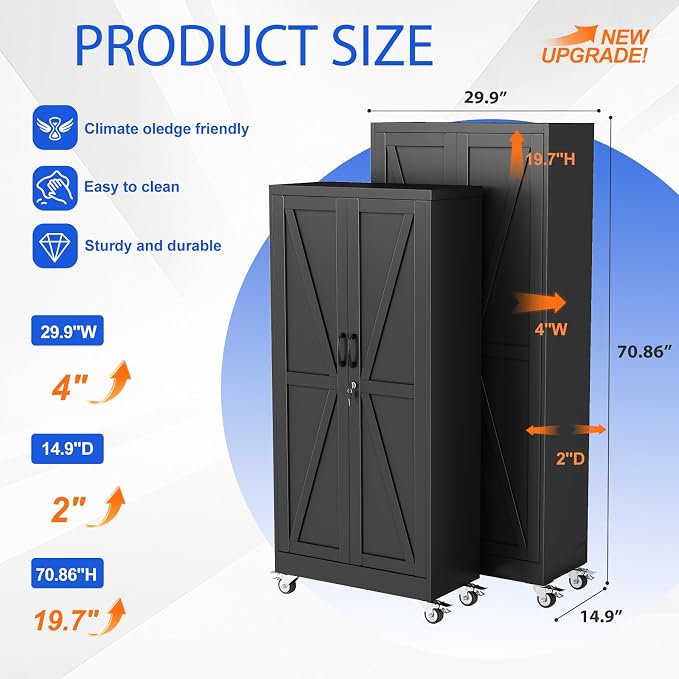 GAIOUS 71" Tall Metal Storage Cabinet with Lock and Wheels, Office Cabinet | Garage Storage Cabinet with 2 Locked Door and 4 Adjustable Shelves, Rolling Tool Cabinet, File Cabinet for Home Office, Black