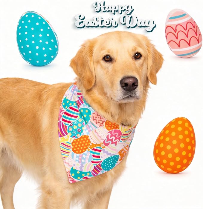 Easter Dog Bandana Colorful Eggs - Pet Scarf with Adjustable Snap Button Cute Holiday Costumes, Medium to Large Breeds (30-75lbs)
