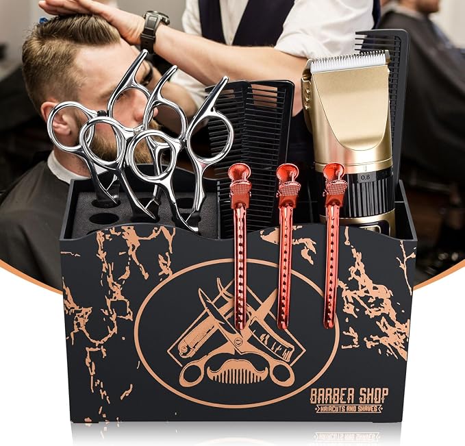 Noverlife Barber Scissors Holder Box, Shear Holder for Hairstyling | Professional Anti-slip Salon Hairdressing Scissors Rack Holder, 5 Compartments Storage Organizer for Combs Clips Brushes