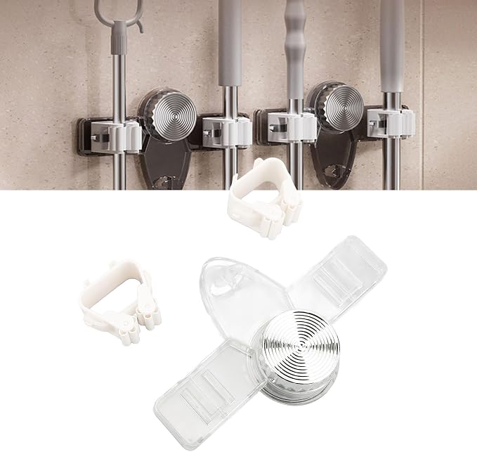 Agatige Broom Holder, Wall Mounted PET 2 Hangers Broom and Mop Gripper Organizer Cleaning Tool Organizer for Bathroom Kitchen Laundry Room (Transparent White)