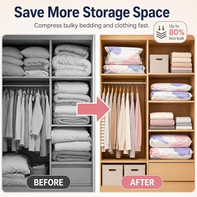 No Pump Vacuum Storage Bags, 3D Space Saver Bags for Clothes, Blankets, Bedding & Comforters, Reusable Vacuum Seal Storage Bags for Moving & Seasonal Storage (L-4PCS)