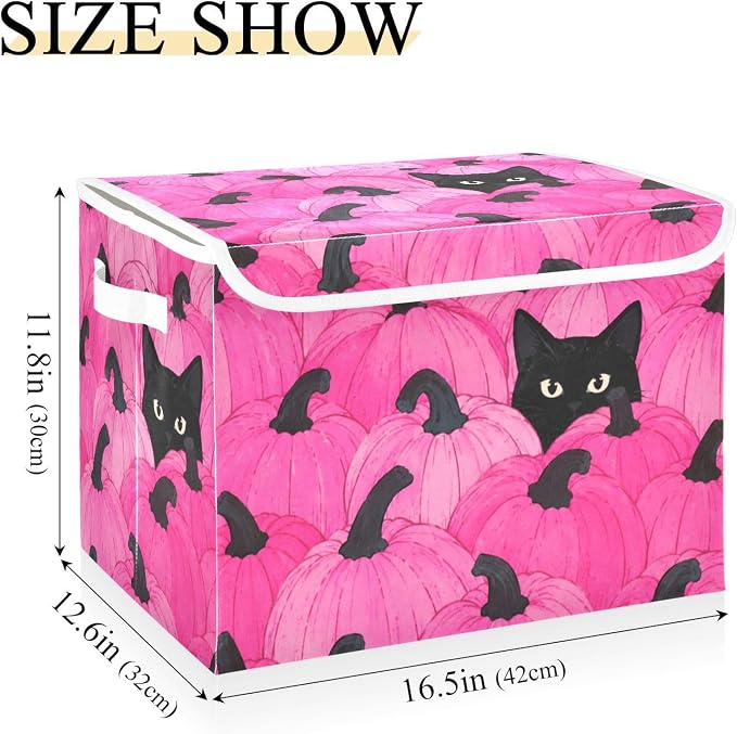 Fabric Storage Bins with Lid Pink Pumpkin Closet Storage Basket 40L | Decorative Storage Boxes, 300D Oxford Cloth, Hollow Board Frame, Flip Top Velcro Lid, 16.5x12.6x11.8 inch, Collapsible Design