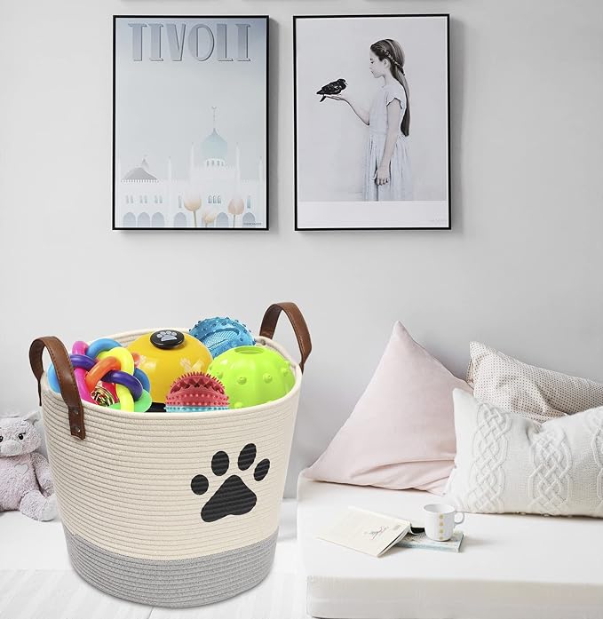 Cotton rope dog toy basket, puppy bins, laundry basket blanket storage bin - Perfect for organizing pet toys, blankets, leashes White Gray