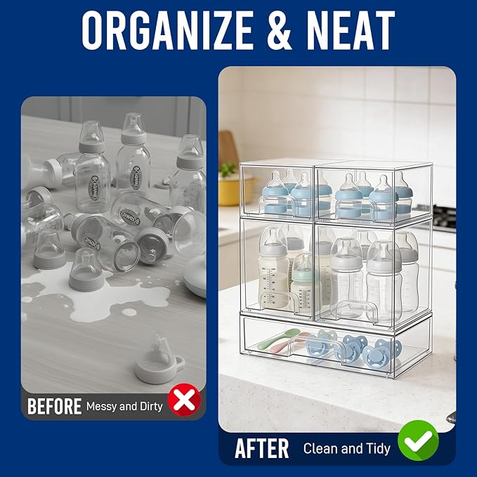 Baby Bottle Organizer Stackable, Acrylic Storage Drawers 5 pack with Non-Slip Pads, Pull-Out Drawers for Baby Bottle, Pump Parts, Pantry, Vanity Countertop (4.4" and 7.6" Tall and 12.1" Wide)