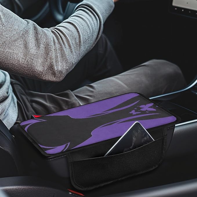 Howilath Auto Armrest Cover Pad, Non-Slip for Car Center Console | Purple Butterfly High-Quality Polyester, Comfortable Support, Washable, Perfect for Daily Commute