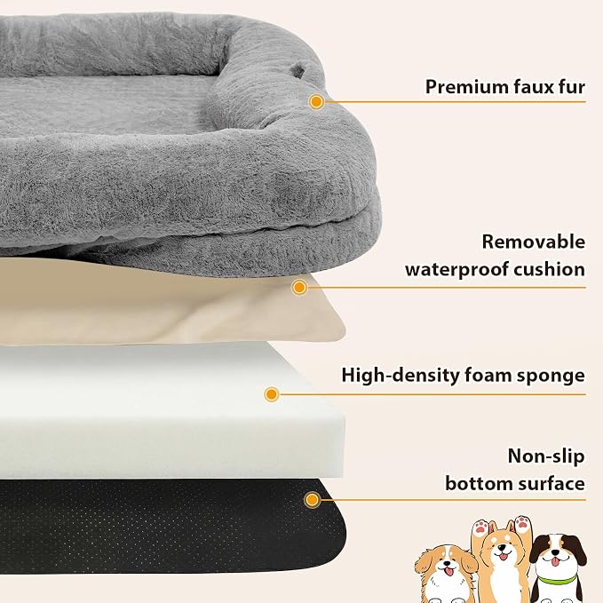 Human Dog Bed 71 x 47 x 12 in, Silver | Memory Foam Dog Bed for Humans & Large Pets, Removable & Washable, with Storage Pocket