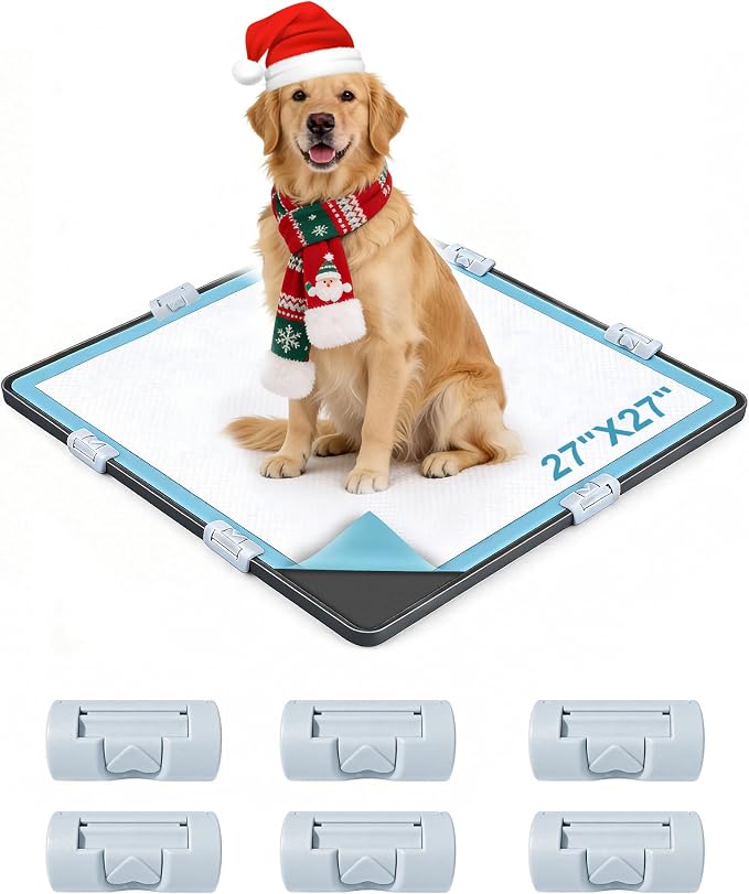 Dog Pee Pad Holder with 6 Clips, 27x27 Inch Silicone Puppy Pad Tray, Raised Edge Leak-Proof No Spill Mat for Dog Training Pads, Non-Slip Potty Holder for Indoor Floor Protection, Black