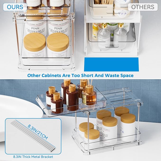 2 Pack 2 Tier Pull Out Drawers for Medicine Cabinet Organizer,Bathroom Under Cabinet Storage,12.1″ Deep Pantry and Medicine Shelf Organizer for Toiletry Product,Vitamin Bottle and Supplement