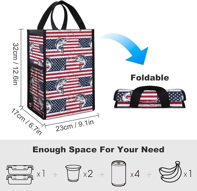 Portable Insulated Lunch Bag Thermal Lunch Box Compatible with American Bass Fishing Lure Flag Food Containers Bags Picnic Camping Cooler Tote Bag