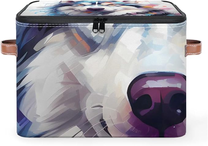 Husky Dog Foldable Storage Bin with Lid Zipper | Closet Shelf Organizer, Boxes, Basket Containers for Home, Lidded Storage Cube for Bedroom, Waterproof, with Handles