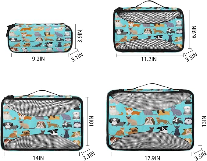 Cute Cat Dog Packing Cubes for Travel, Luggage Packing Organizers, Set Funny Puppy Kitten Travel Accessories Large Toiletries Bag for Clothes Shoes Cosmetics Toiletries