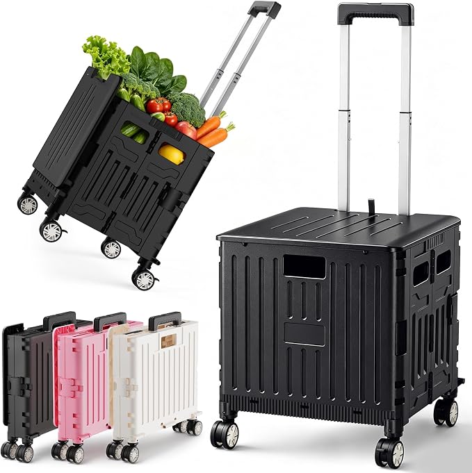 SUNALLY Folding Utility Cart Rolling Crate Handcart Shopping Trolley, Black | Lockable Collapsible Tool Box with Lid, Rolling Crate With Wheels for Grocery, Travel, Garden, Shop, Office, Luggage, Teacher