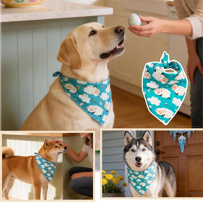 Easter Day Dog Bandana Cute Lamb & Pink Cloud - Spring Pet Scarf with Adjustable Snap Button Lovely Holiday Costumes, Medium to Large Breeds (30-75lbs)
