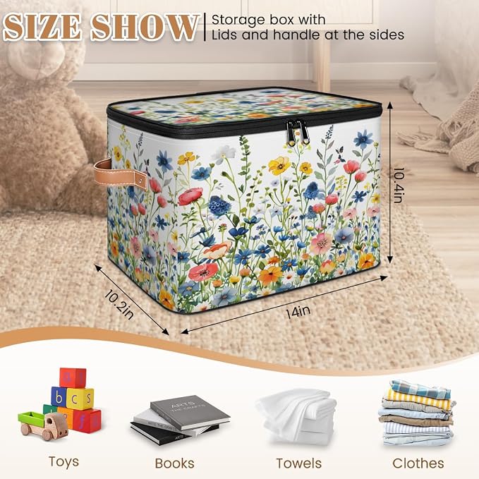 Pardick Storage Bin Spring Floral Storage Baskets with Zipper Lid & Handle Foldable Closet Shelf Cloth Organizer Basket Cube Bins Clothes Organizer for Nursery, Bedroom