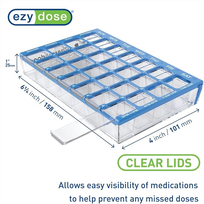 Ezy Dose Weekly (7-Day) Pill Case, Medicine Planner, Vitamin Organizer Box, Small Compartments with Easy Fill Tray, 4 Times a Day, Clear Lids, Color May Vary, BPA Free