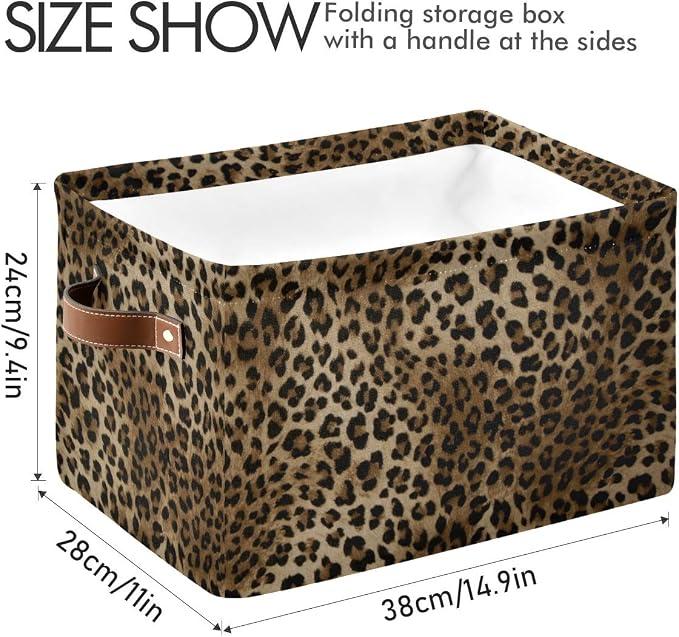 Leopard Print Storage Basket Collapsible Storage Cube Bins Organizer | Collapsible Cloth with Handles Rectangular Toys Nursery Bedroom Home Office