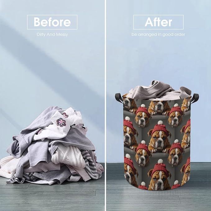 Portable Collapsible Hamper English Bulldog Puppy Dog, Waterproof Laundry Basket with Handles for Bedroom, Bathroom, and Toy Storage