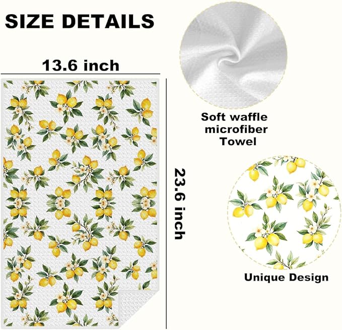 2 Pcs Rustic Lemon Kitchen Towels, Summer Flower Decorative Absorbent Microfiber Dish Cloth Tea Towel, Waffle Soft Hand Towels for Farmhouse Home Bathroom Kitchen Decor, Lemon Gifts