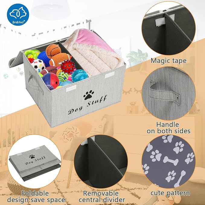Large Dog Toys Storage Box Canvas Storage Basket Bin Organizer with Lid - Collapsible Linen Bin Ideal for Organizing Dog Cat Toys and pet Stuff-PP Boad-17" x 12" x 10" - Slub Gray