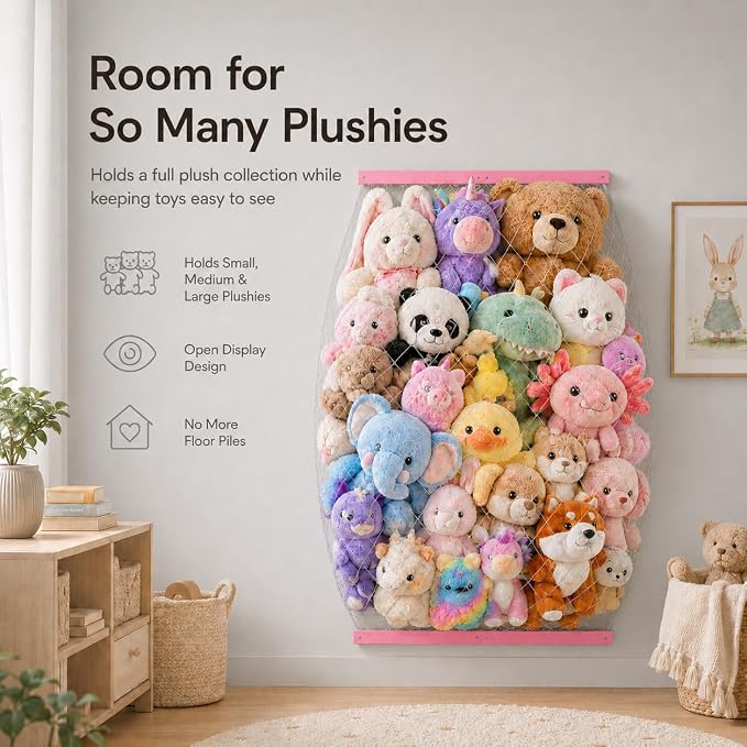 Stuffed Animal Storage Net, Elastic Stuffed Toy Holder,Door/ Wall Mount Length Adjustable Hanging Stuffy Animal Organizer, Plushie Net For Nursery Play Room-Pink Boards
