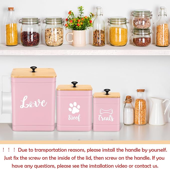 Jingmore Metal Dog Treat Containers Set of 3 with Bamboo Lids and Spoon Airtight 7+3+2 lbs Dog Food Snack Jars with DIY Labels Big Pet Cookie Storage Jar for Kitchen Counter (Pink,Funny)