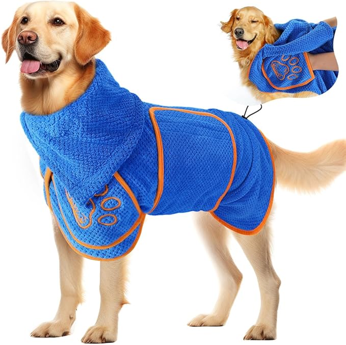 SlowTon Dog Bathrobe Drying Coat – Super Absorbent Microfiber Towel Wrap with Adjustable Collar & Belly Strap, Fast Drying Bath Robe for After Bath Swim, for Large, Medium, Small Dogs (Blue M)