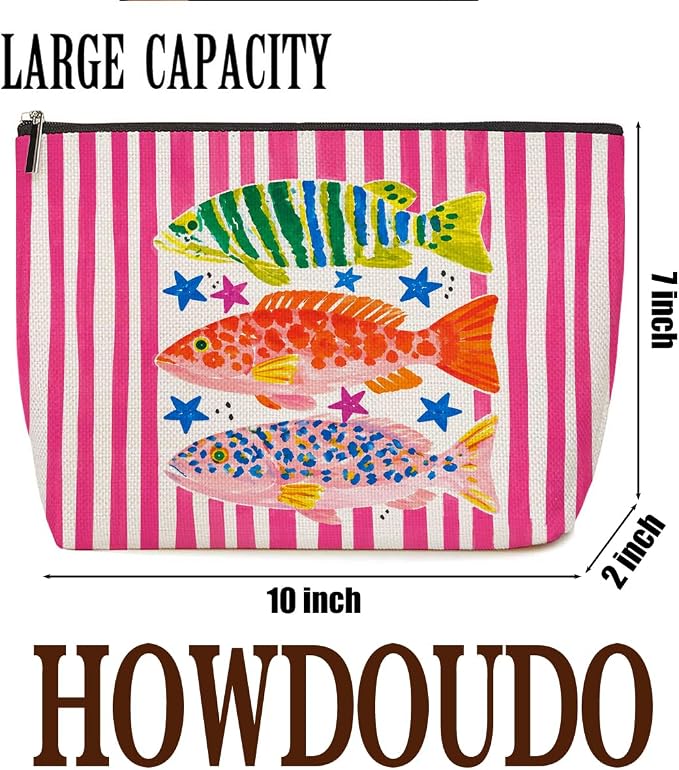 Lovdazzles Colors Preppy Fish Print Makeup Bag Pink Stripes Cosmetic Bag Gifts for Women