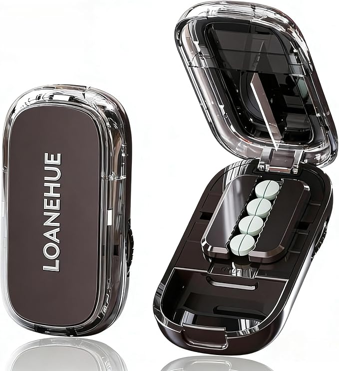 Precision Pill Cutter for Small and Tiny Pills, Sharp Blade with Storage Compartment, Travel-Friendly 1/2 Pill Splitter for Home/On-The-Go, Black