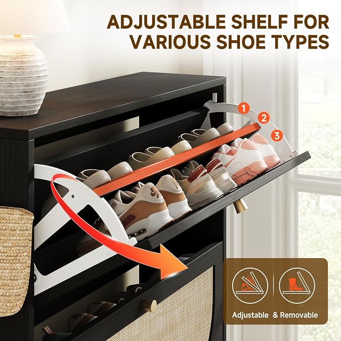 Shoe Organizer for Entryway, Slim Shoe Rack with 2 Flip Drawers, Modern Boho Rattan Shoe Cabinet Storage for Entryway, Narrow Shoe Cabinet with Adjustable Shelves for Small Spaces, Black