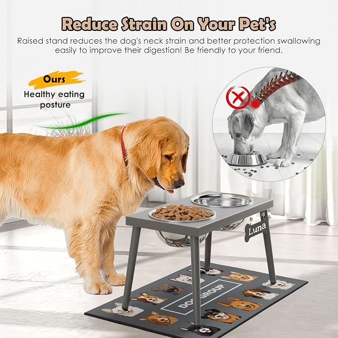 ADENGL Raised Dog Bowl Stand for Large Dogs, 10” Tall Elevated Feeder with Spill-Proof Mat, Stainless Steel 58OZ Bowls for Food & Water, Gray Color (Mat Size: 16x24”)