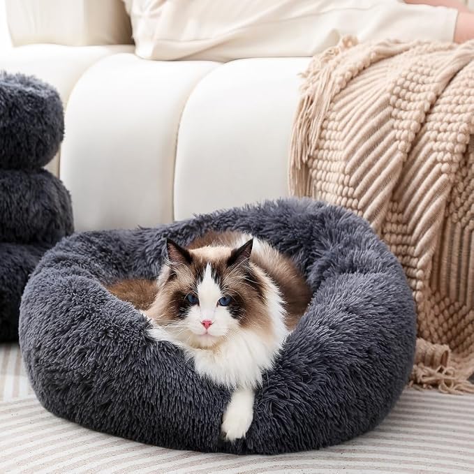 Calming Dog Bed, 39 inch Large Round Donut Plush Pet Cushion, Machine Washable Anti-Slip Bottom, Fluffy Warm Couch for Dogs Cats Up to 50KG, Dark Gray
