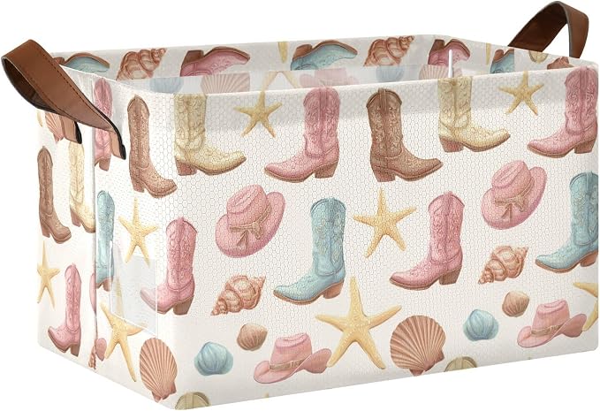 Retro Rodeo Boots and Starfishes Storage Basket Foldable Cube Storage Bins with Handles&Label Waterproof Organizer Box Bin Large Rectangle Decorative Baskets for Shelves Home Room Laundry