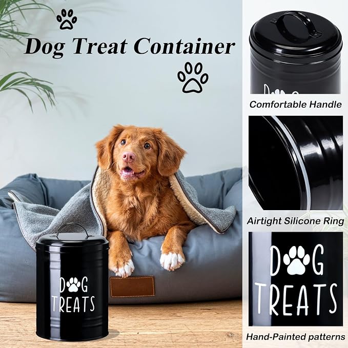 Dog Treat Container Airtight, 9.1''Hx5.5''W, 10 Cup Capacity (Black) | Airtight Lid Keep Food Fresh,Large Capacity Dog Treat Jar Suitable All Popular Treats,Dent-Resistant Durable Metal Cookie Jar