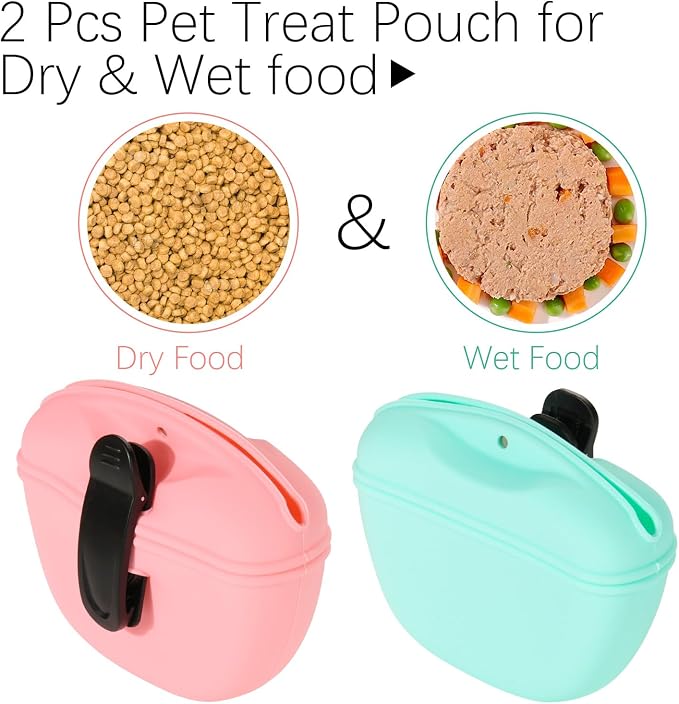 Cosmos 2 Pcs Pet Treat Bag Dog Training Pouch Silicone Portable Pet Training Container Dog Treat Holder with Buckle Closure and Waist Clip Dog Treat Pouches for Pet Training (Pink & Cyan)