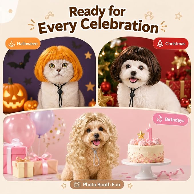 Funny Dog Wigs and Cat Wig Set, 6 Pack Pet Costume Hairpieces | Adjustable Pet Costume Hairpieces with Elastic Strap, Soft Breathable Cosplay for Small Medium Dogs Cats Halloween Party