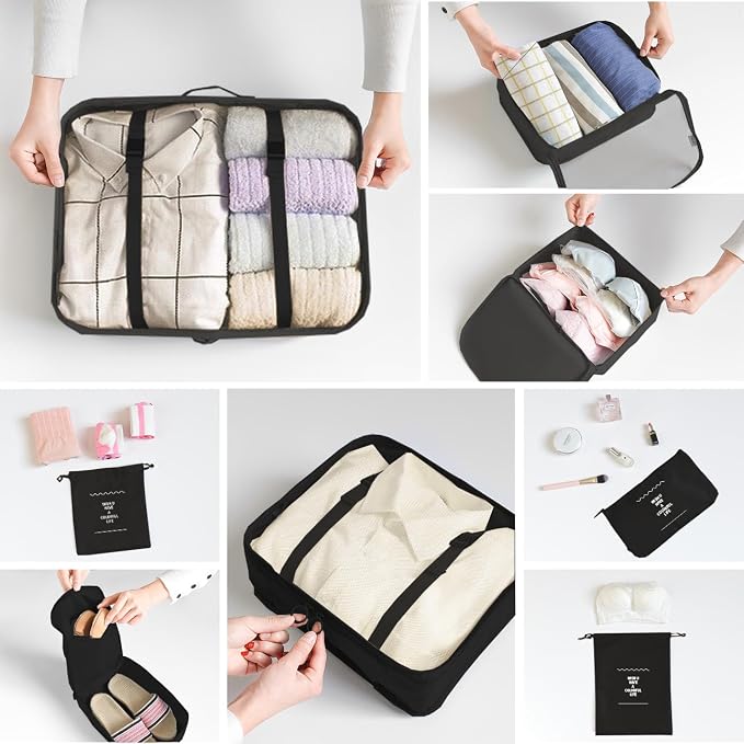 LANSKLBD 6/8 Set Packing Cubes for Suitcases Travel Luggage Packing Organizers,Travel Accessories Essentials Luggage Organizer with Shoe/Tioletry/Laundry Bag (Black, 8 set)