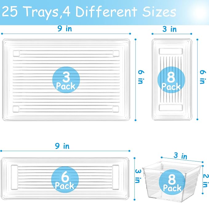 DCA 25 PCS Clear Plastic Drawer Organizer Trays, Storage Bins | Makeup, Kitchen & Jewelry | Multi-size Bathroom Bins | Office | Versatile Organization Solution | Easy to Clean