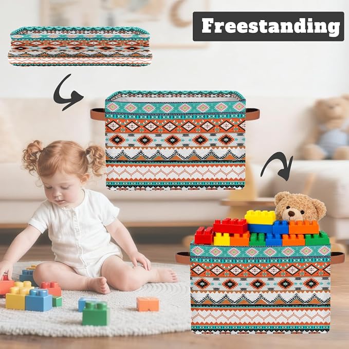 Pardick Storage Baskets Bin, Ethnic Boho Western Collapsible Canvas Fabric Storage Bin Decorative Baskets Toy Organizer Rectangle Storage Boxes with handles for Home Shelves Nursery,Q-12