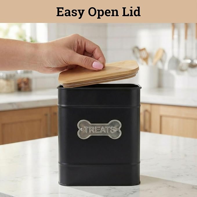 Dog Treat Container Airtight, 6"W x 8"H, Powder Coated, 12 Cup Capacity | Fits All Popular Treats, 12 Cup Capacity, Airtight Bamboo Lid, Easy Open Lid, Dent-Resistant Durable Metal