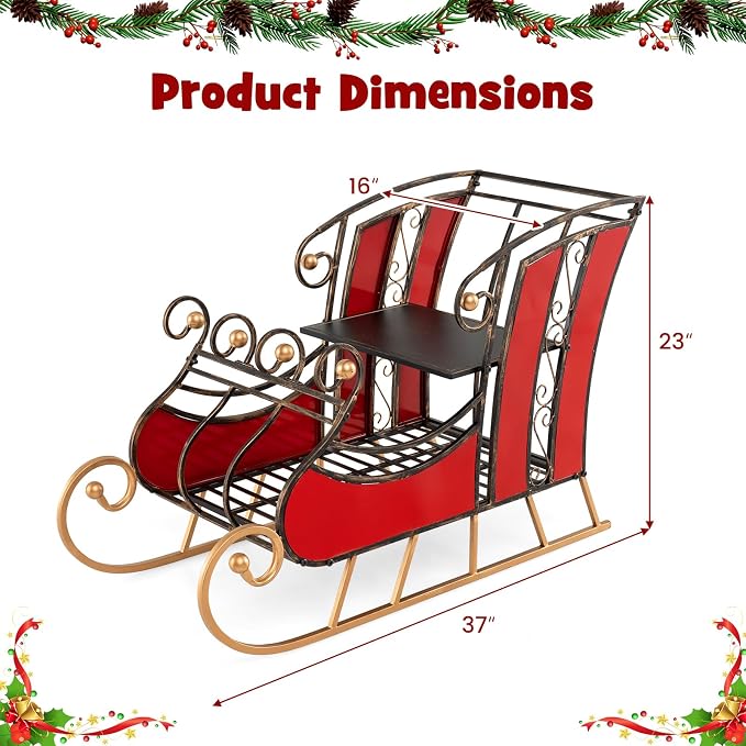 Metal Santa Sleigh, Christmas Santa Sleigh Basket w/ 2-Tier Storage Shelf Big Loading Area for Gifts, Reindeer Outdoor Decoration for Indoor Holiday Decor Lawn Yard Home Pets Trailer Party